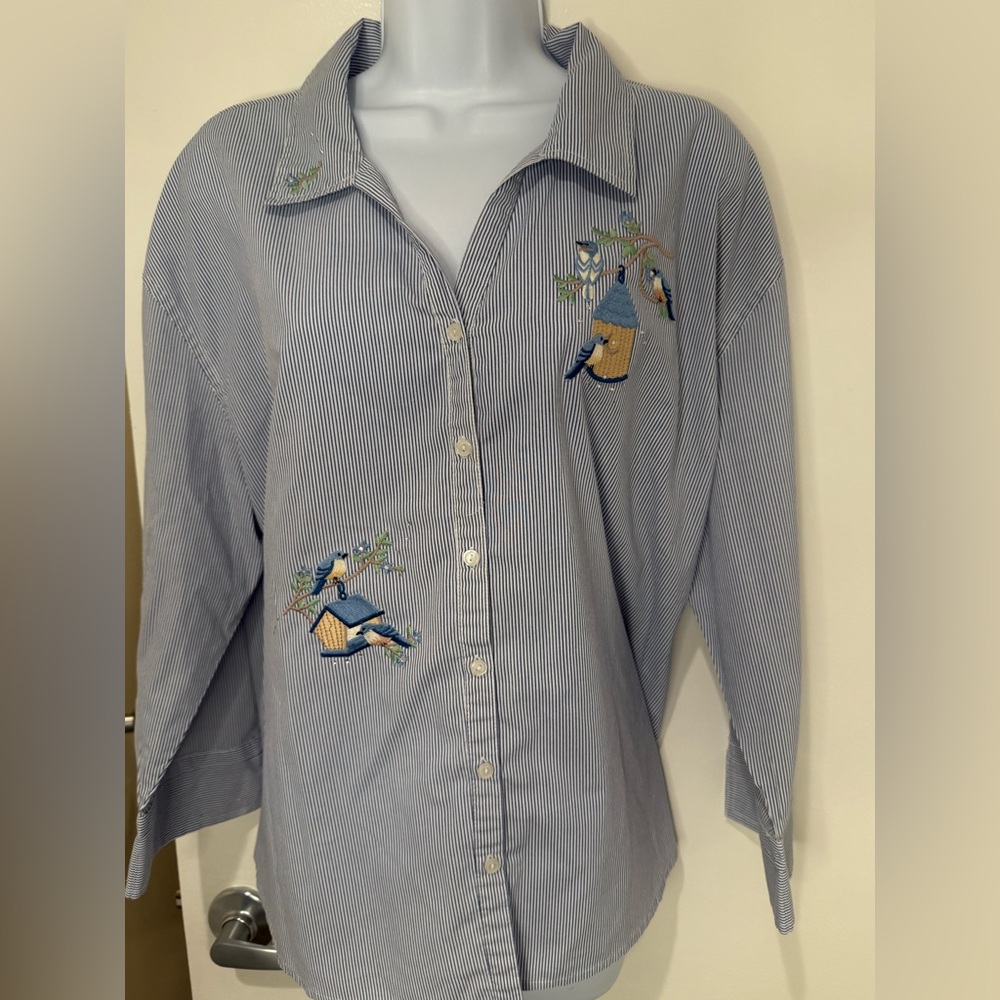 Las Olas 1X Striped Blue Shirt with Embroidered Birds